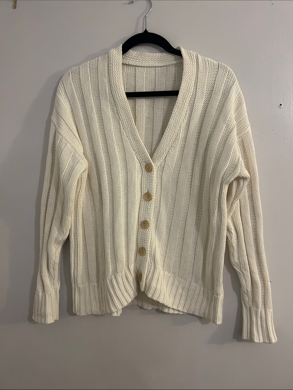 Ivory Ribbed V‑Neck Button Cardigan Sweater